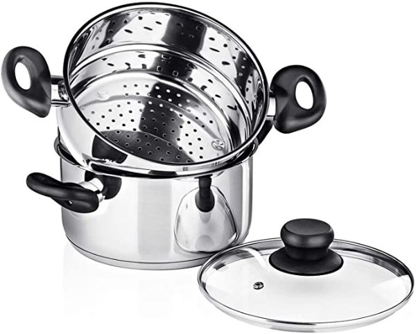 Chef's Star Steamer pot for Cooking, 3 Piece Steamer Cookware, 2 Tier Stove Steamer for Kitchen Cookware Sets.