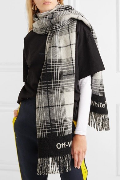 Fringed checked wool-blend scarf