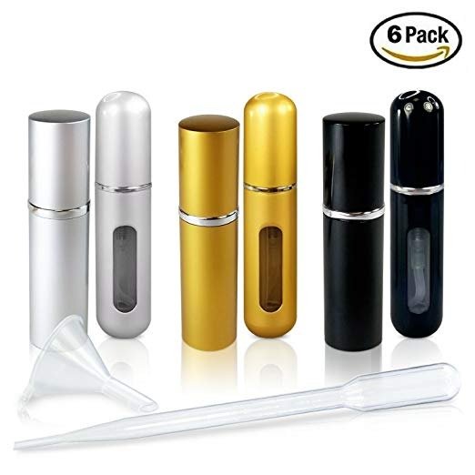 Refillable Glass Perfume and Cologne Fine Mist Atomizers with Metallic Exterior by L'AUTRE PEAU - Portable Travel Size - 3ml Transfer Pipette and Filling Funnel Included - 6 Piece Variety Pack of 5ml