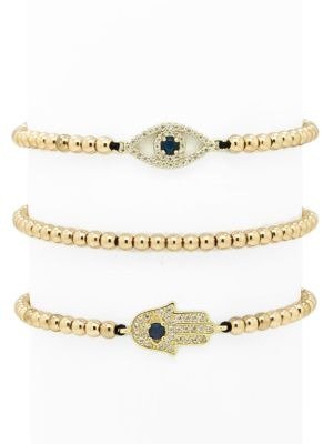 Luxe 3-Piece Crystal Hamsa & Evil-Eye Beaded Bracelet Set