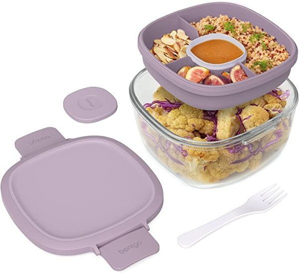 Glass - Leak-Proof Salad Container with Large Salad Bowl, 4-Compartment Bento-Style Tray for Toppings, 3-oz Sauce Container for Dressings, and Built-In Reusable Fork (Lavender)