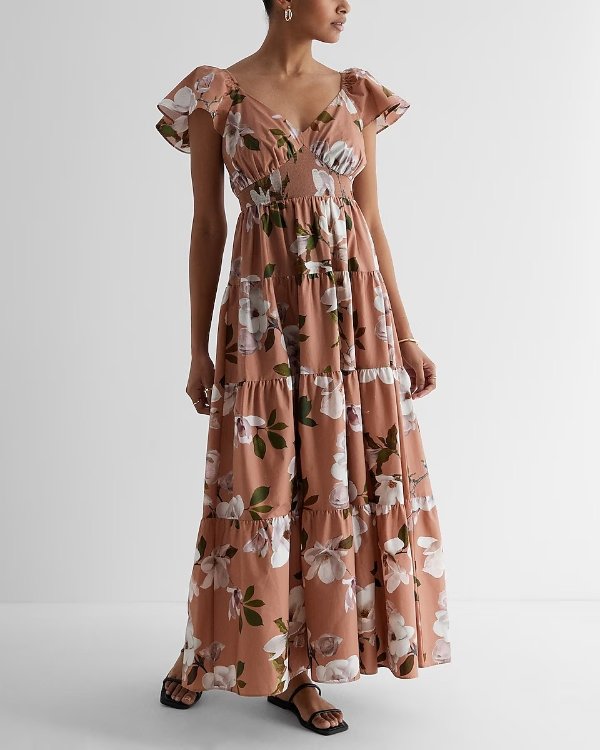Floral V-Neck Flutter Sleeve Tiered Poplin Maxi Dress
