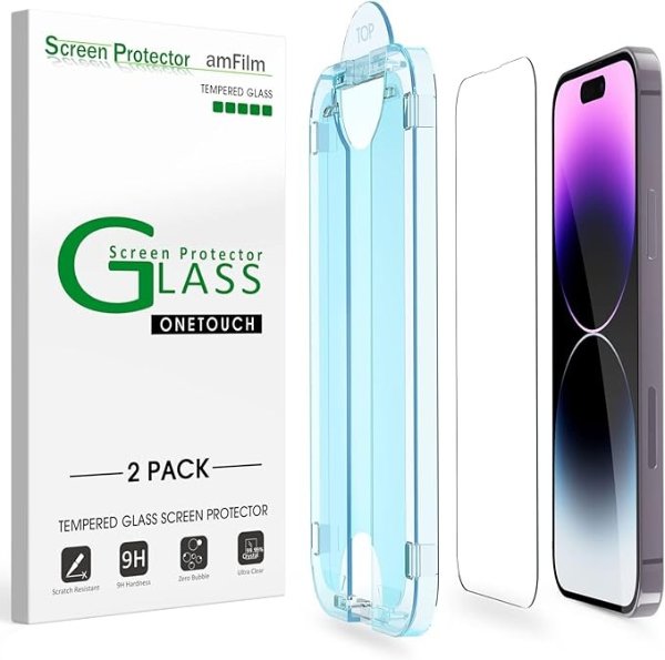 2 Pack OneTouch Glass Screen Protector Compatible for iPhone 14 Pro 6.1 Inch 2022, Easiest Installation, Bubble Free and Full Coverage Case Friendly.