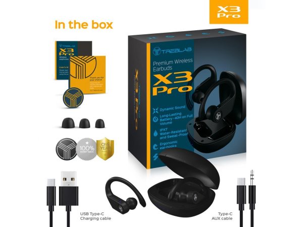 Treblab X3 Pro - True Wireless Earbuds with Earhooks - 45H Battery Life, Bluetooth 5.0 with aptX, IPX7 Waterproof Headphones - TWS Bluetooth Earphones with Charging case for Sport, Running, Workout - Newegg.com