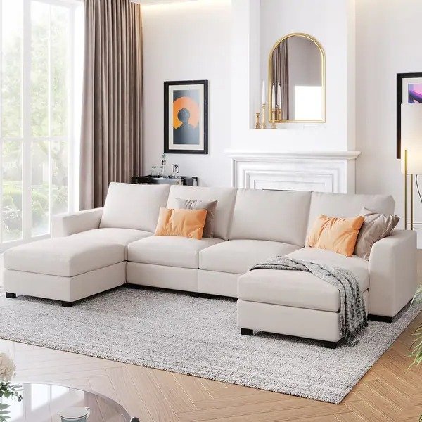 3 Pieces U-shaped Sectional Sofa Set with Removable Ottomans - Beige
