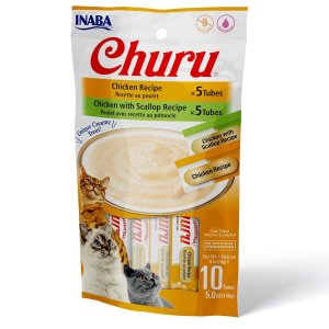 INABA Churu Cat Treats, Grain-Free, Lickable, Squeezable Creamy Purée Cat Treat  10 Tubes Total/Two Flavors