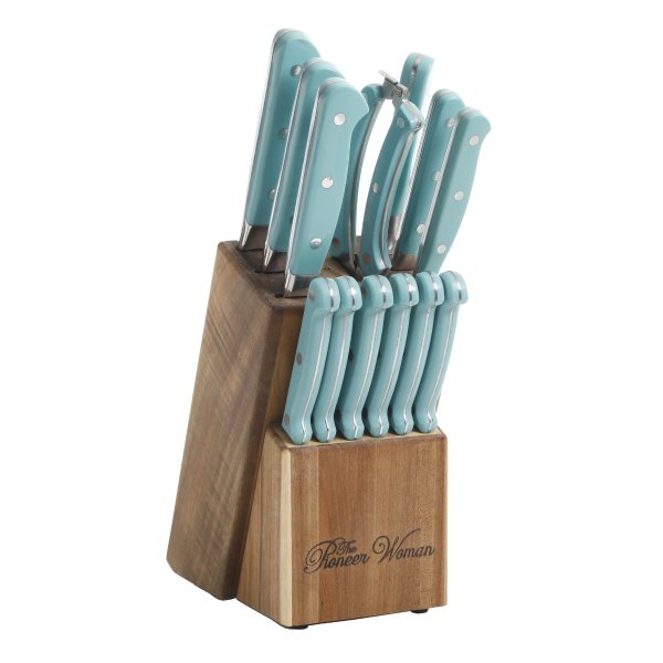 Cowboy Rustic 14-Piece Forged Cutlery Knife Block Set, Turquoise