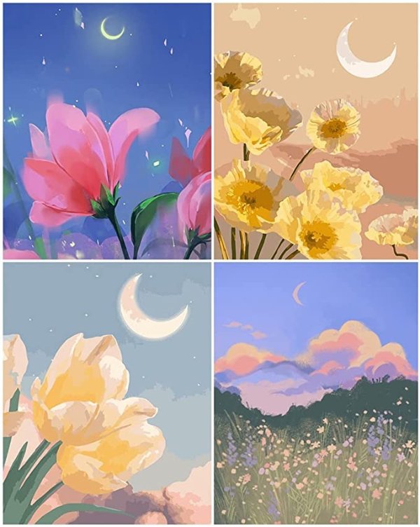Paint by Numbers for Adults Beginner and Kids,4 Pack Paint by Number Landscape, Rolled Wrinkle Free Canvas, DIY Oil Painting Kit Flowers in The Moonlight 12"x16"