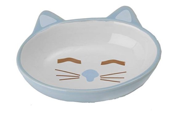 Petrageous Stoneware Pet Bowls Here Kitty, 5-1/2-Inch Oval, 5.3-Ounce, Blue