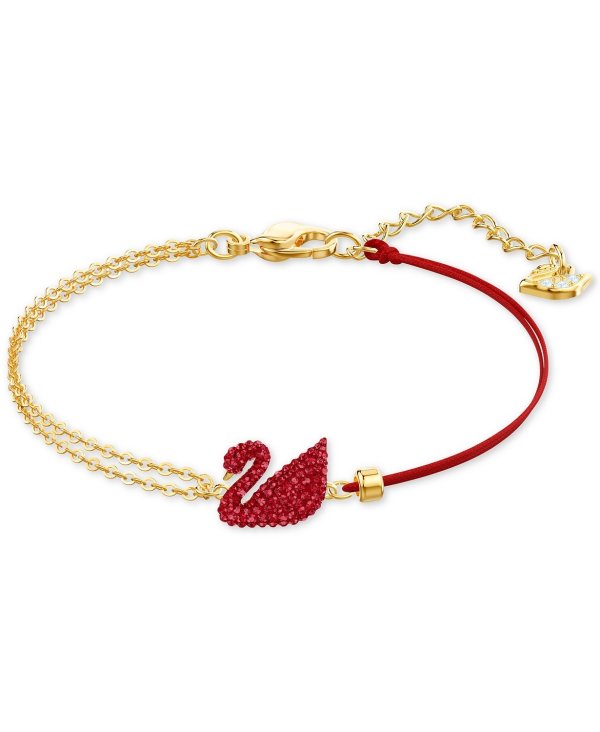 Gold-Tone Red Crystal Swan & Half-Chain Bracelet