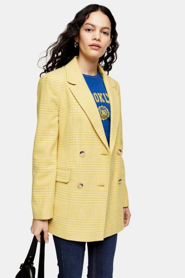 Yellow Check Double Breasted Blazer