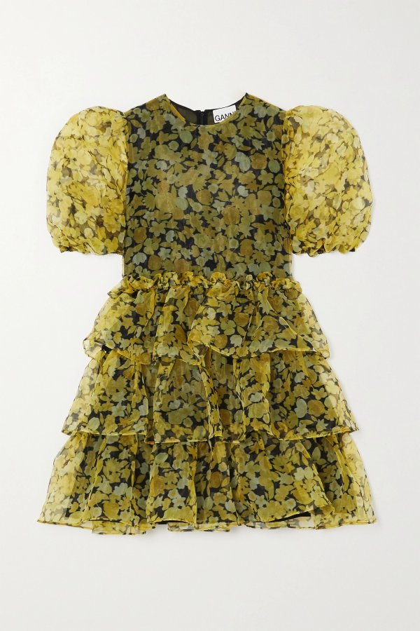 Ruffled tiered floral-print organza mini dress