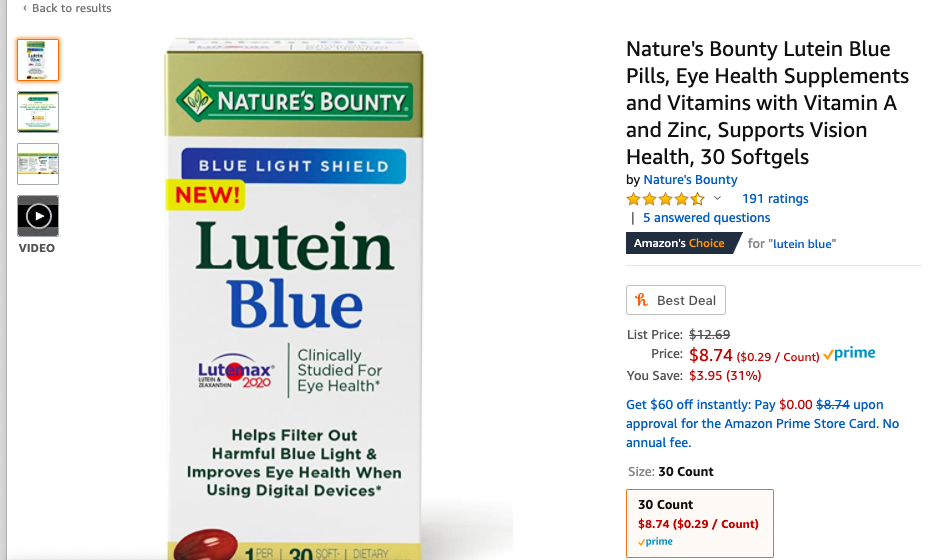 叶黄素 Nature's Bounty Lutein Blue Pills, Eye Health Supplements and Vitamins with Vitamin A and Zinc, Supports Vision Health, 30 Softgels 护眼