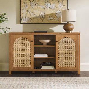 Modern English Oak Wood 58 in. Sideboard with Arched Rattan Panels