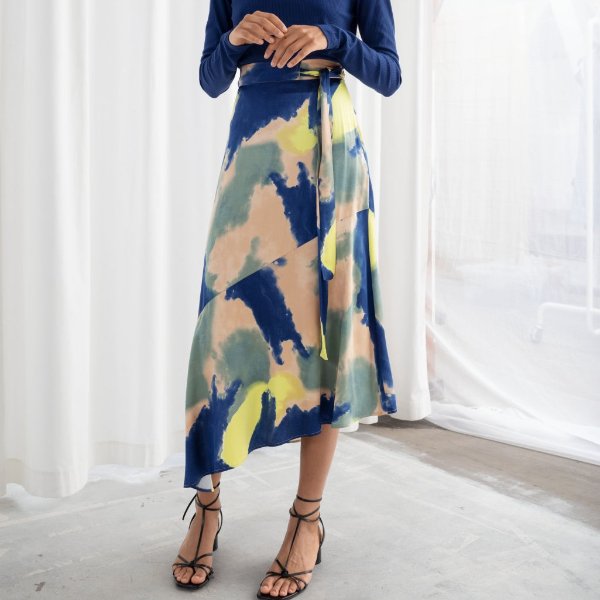 Watercolour Asymmetric Satin Midi Skirt