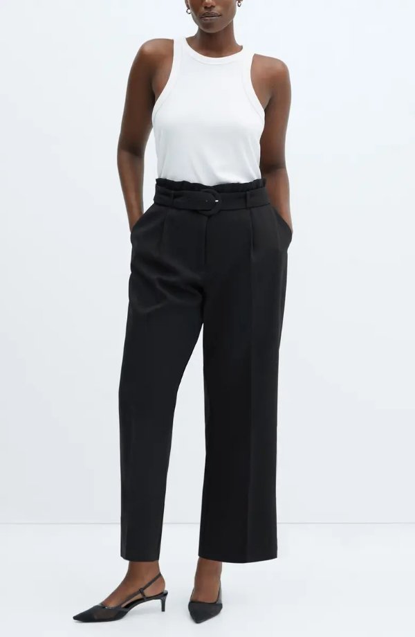 Belted Paperbag Waist Wide Leg Trousers
