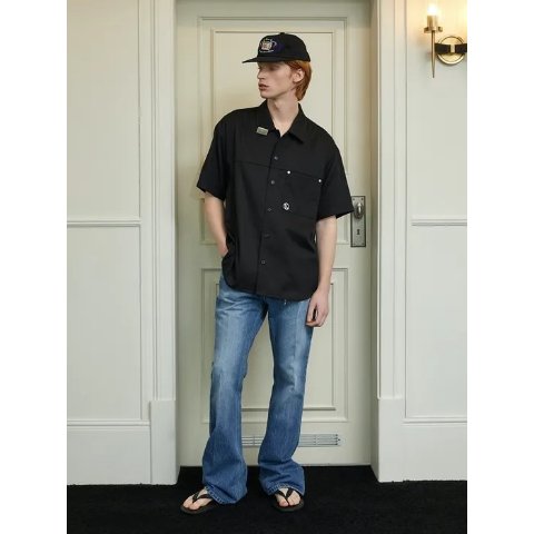 Convertible Collar Stripe Shirt _ Deep Black