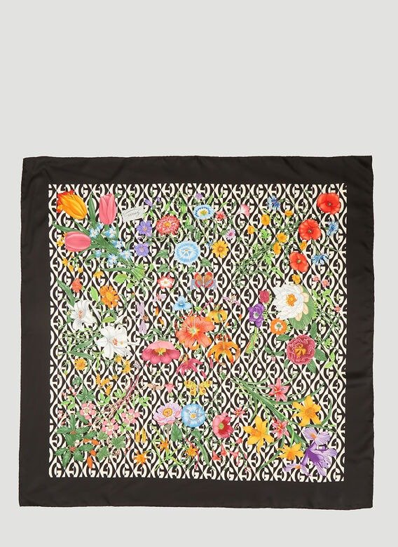Floral G Rhombus Print Silk Scarf in Black