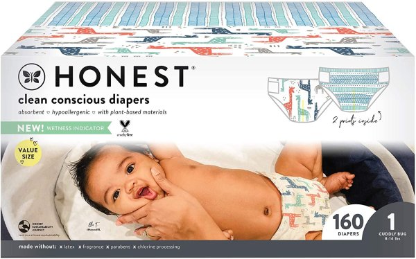 The Honest Company - Super Club Box, Clean Conscious Diapers, Teal Tribal + Multi-Color Giraffes, Size 1, 160 Count (Packaging May Vary)