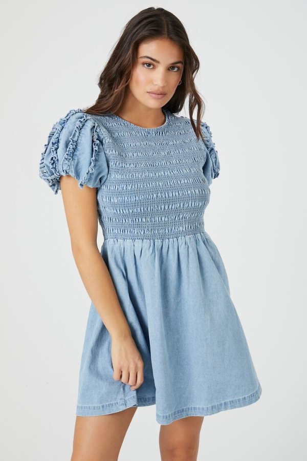 Denim Puff-Sleeve Babydoll Mini Dress
