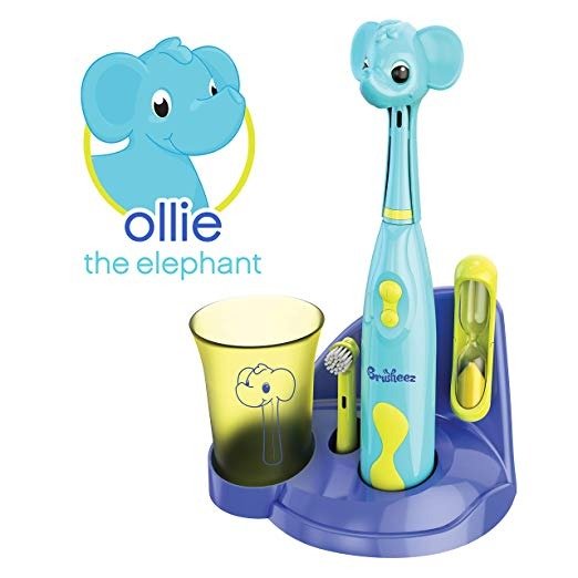 Kid's Electric Toothbrush Set - Ollie the Elephant - New & Improved with Softer Bristles, Easy-Press Power Button, 2 Brush Heads, Cute Animal Cover, Sand Timer, Rinse Cup & Storage Base