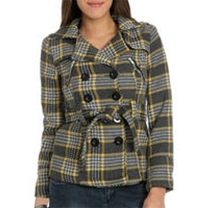 Wet Seal Women's Double Breasted Zippered Plaid Peacoat
