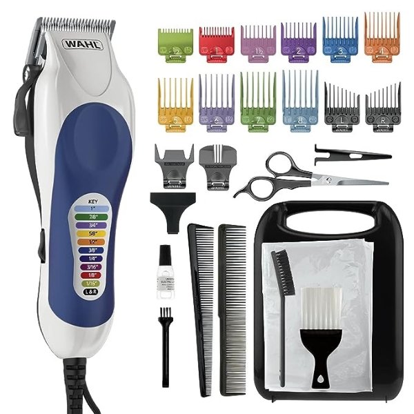 Clipper USA Color Pro Complete Haircutting Kit with Easy Color Coded Guide Combs - Corded Clipper for Hair Clipping & Grooming Men, Women, & Children - Model 79300-1001M