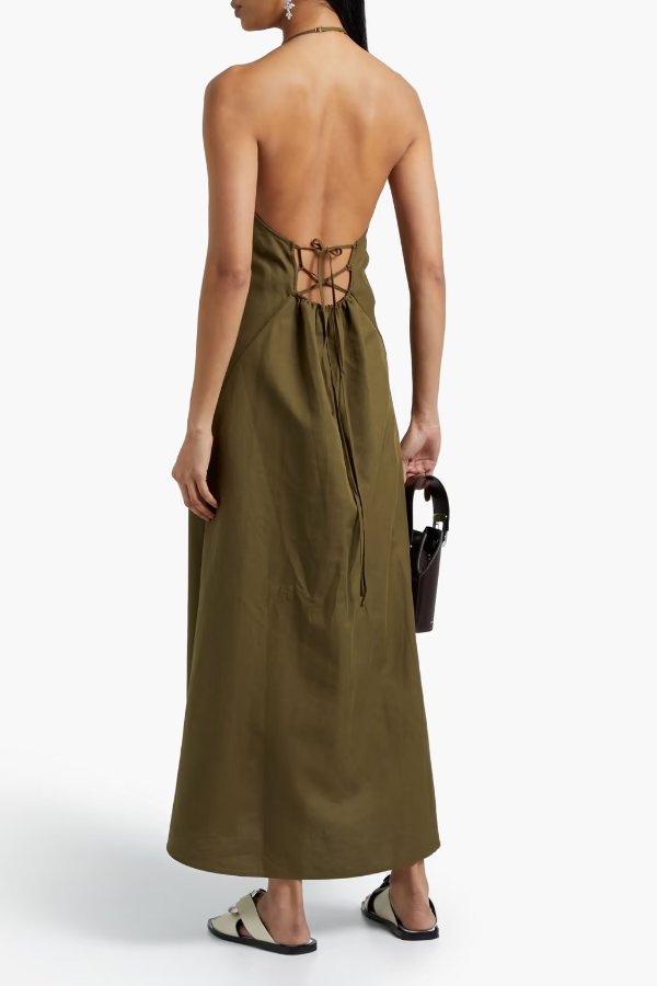Lace-up linen, cotton and Lyocell-blend twill halterneck maxi dress