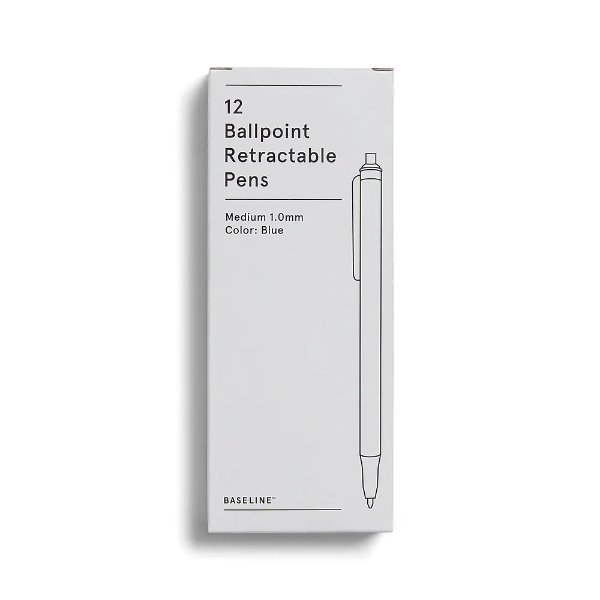 Baseline Retractable Ballpoint Pens, Medium Point, Blue Ink, 12/PK