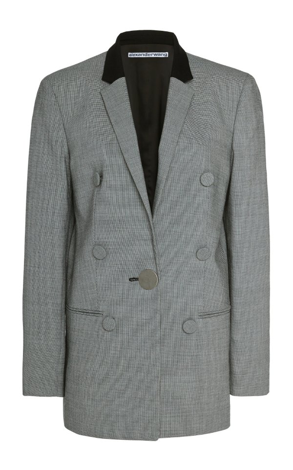 Leather-Trimmed Houndstooth Wool Blazer