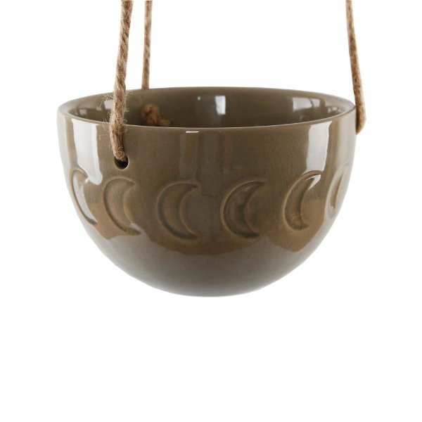 5 in. Olive Green Ceramic Moon Phase Hanging Planter Pot