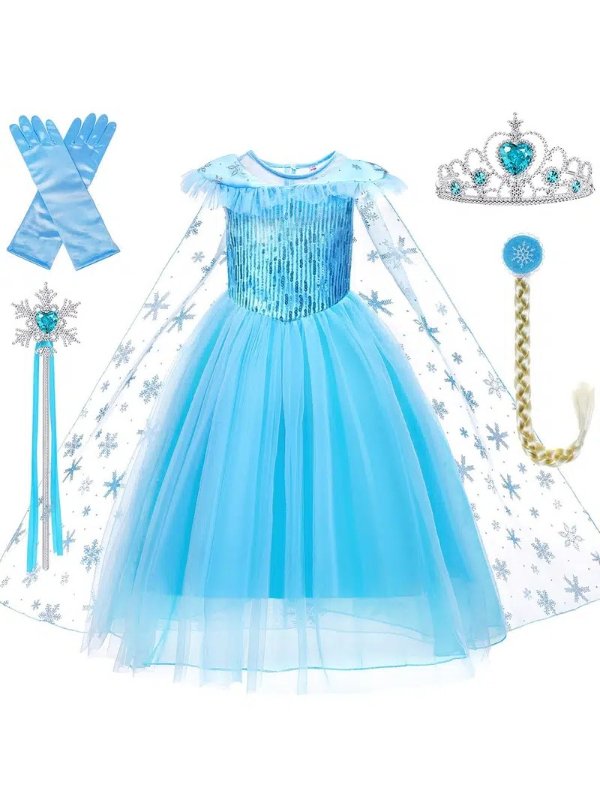 Girls Blue Princess Dress Costume, Hair Clip, Gloves, Crown & Princess Wand, 5pcs - Clothing, Shoes & Jewelry - Temu