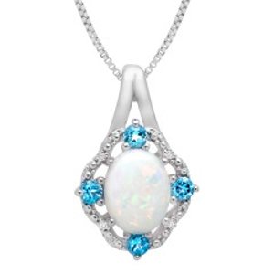1 ct Created Opal and 1/6 ct Swiss Blue Topaz Pendant with Diamonds in Sterling Silver