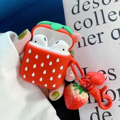 Cute Creative 3D Cartoon Shape Soft Silicone Wireless Bluetooth Earphone Case Headphones Cover Shockproof Protective Skin for Apple AirPods Charging Case Strawberry Red