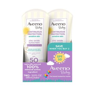 Aveeno Baby Continuous Protection Zinc Oxide Mineral Sunscreen, SPF 50, 3 fl. oz (Pack of 2)