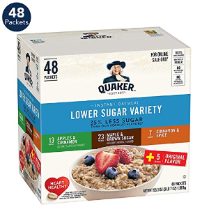 Quaker Lower Sugar Instant Oatmeal,  4 Flavor Variety Pack, Individual Packets (48 Pack)