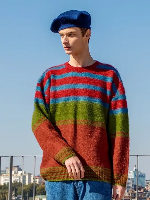 Mohair Stripe Knit Pullover Green