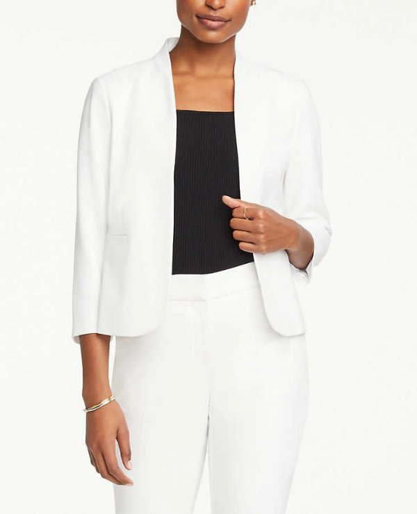 Textured Collarless Jacket in White