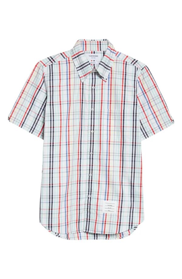 Gingham Check Short Sleeve Cotton Oxford Button-Down Shirt