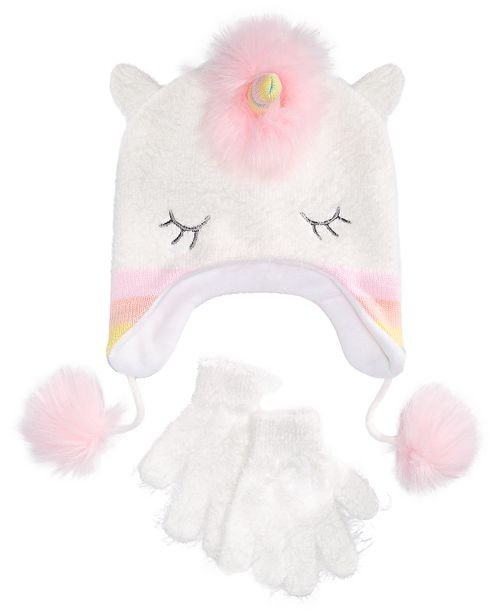 Big Girls 2-Pc. Unicorn Hat & Gloves Set With Faux-Fur Trim