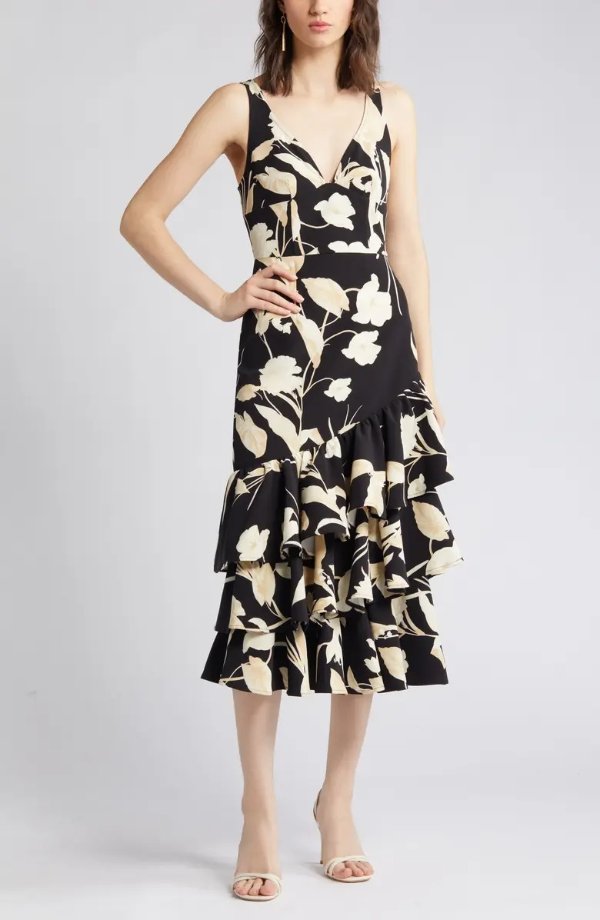 Print Tiered Ruffle Sleeveless Midi Dress