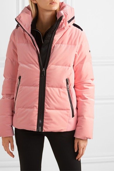 Emmelina hooded quilted velvet down ski jacket