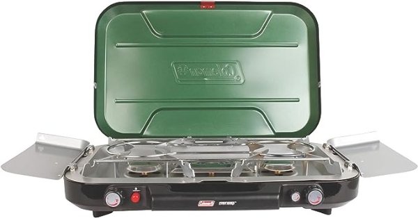 Classic 3-Burner Propane Camping Stove, Portable Camp Stove with 3 Adjustable Burners and Push-Button Instant Ignition, Includes Wind Guards, Pressure Control, and Carry Handle, 28,000 BTUs