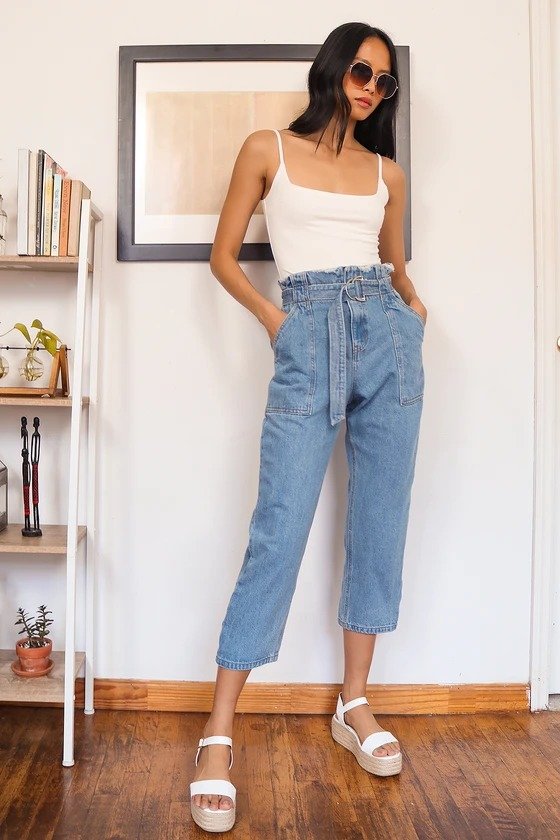 Always Classic Medium Wash Belted Paper Bag Waist Cropped Jeans
