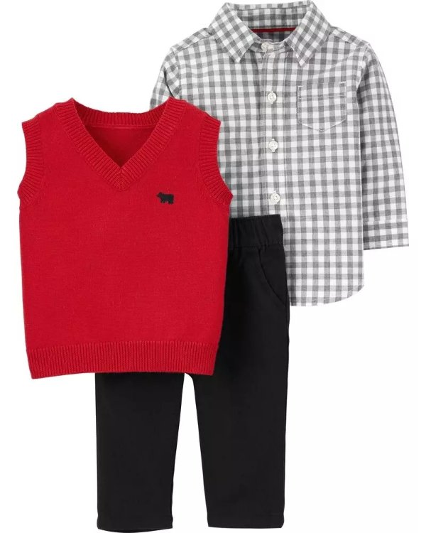 3-Piece Button-Front & Sweater Vest Set