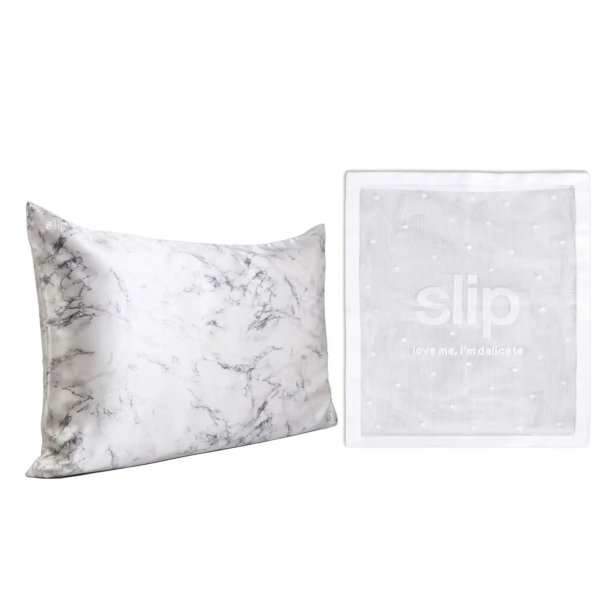 Exclusive Silk Marble Pillowcase Duo and Delicates Bag (Worth $193.00)