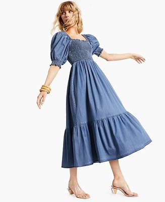 Petite Chambray Smocked Peasant Dress, Created for Macy's