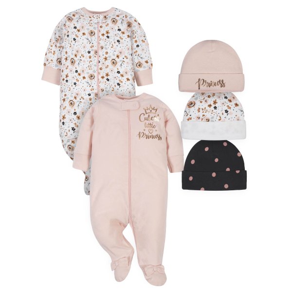 Baby Girl Organic Sleep 'N Play Pajamas and Caps Bundle, 5pc