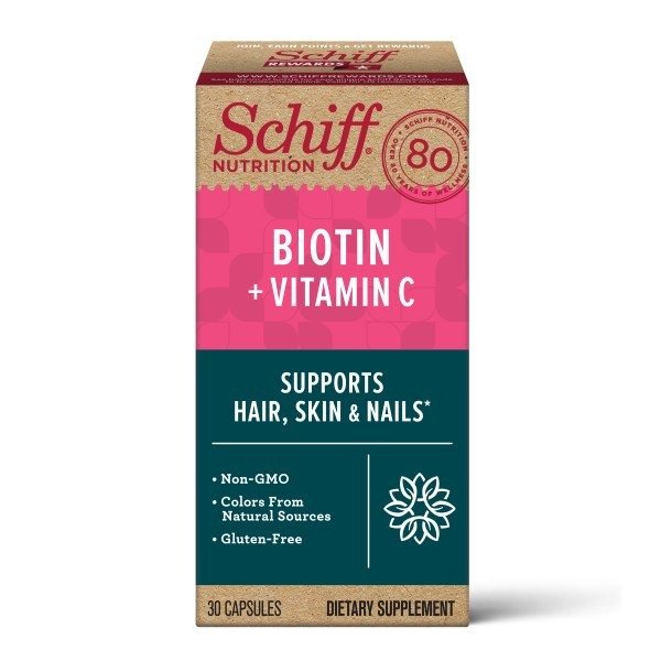 (2 pack) Schiff Biotin + Vitamin C Capsules (30 count), Gluten-Free & Non-GMO Supplement That Supports Hair, Skin & Nails and Natural Collagen Production٭