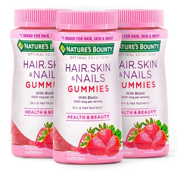 Nature's Bounty Hair Skin and Nails Vitamins with Biotin & Vitamin C Gummies Strawberry Flavored, 80 Gummies (3 Pack )